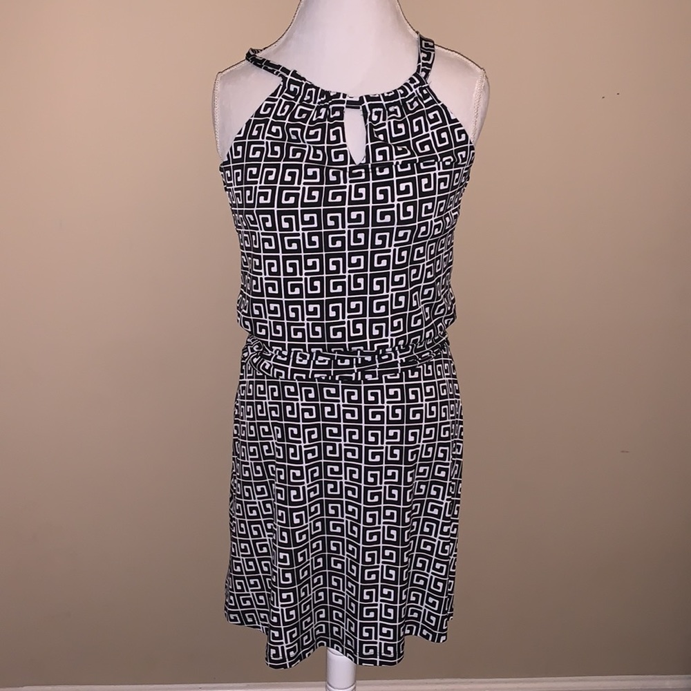 Carole Little Black and White key hole collared tie neck dress